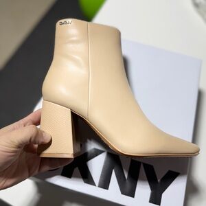 DKNY Nude Beige Leather Pointed Toe Block Heel Ankle Boots